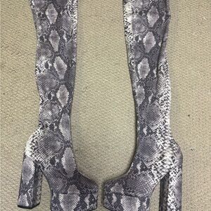 Fashion Nova Snake Print Over the Knee Boots - Gray